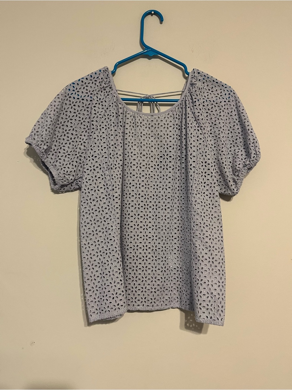 J. Crew Light Blue Eyelet Puff-Sleeve V-Back Blouse Size 14